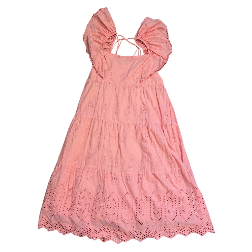 Coral Eyelet Tiered Midi Dress XL Ruffle Sleeve Smocked Back Cotton coastal